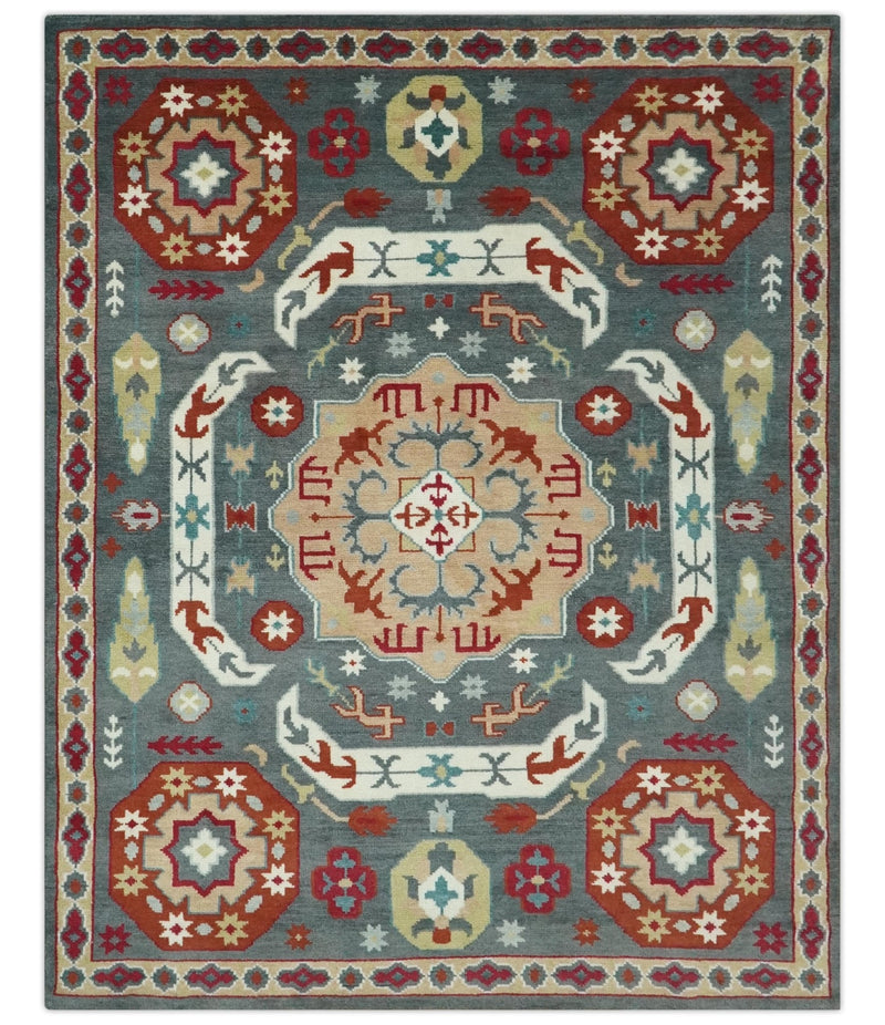 8x10 Gray, Rust and Peach Traditional Medallion Mamluk Design wool Rug