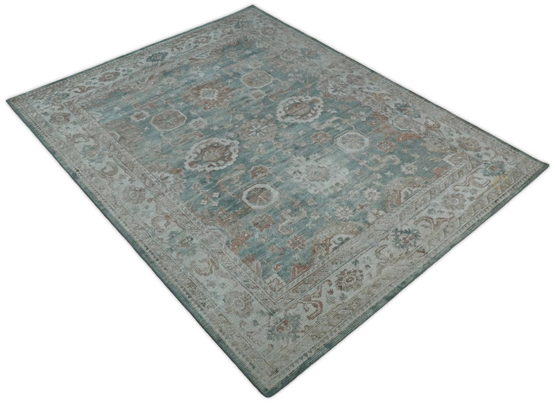 8x10 Green and Ivory Rug | Handmade Floral Area rug made with wool blended with art silk Low Pile  | PR03