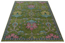 8x10 Green, Blue and Peach Hand Knotted Vibrant Donegal Floral Wool Rug