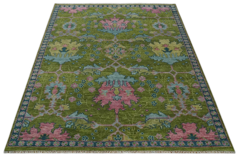 8x10 Green, Blue and Peach Hand Knotted Vibrant Donegal Floral Wool Rug