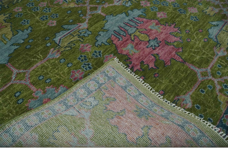 8x10 Green, Blue and Peach Hand Knotted Vibrant Donegal Floral Wool Rug