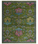 8x10 Green, Blue and Peach Hand Knotted Vibrant Donegal Floral Wool Rug
