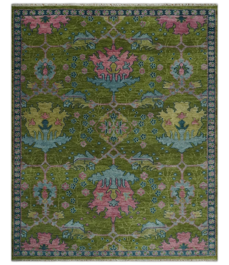 8x10 Green, Blue and Peach Hand Knotted Vibrant Donegal Floral Wool Rug