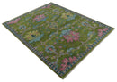 8x10 Green, Blue and Peach Hand Knotted Vibrant Donegal Floral Wool Rug