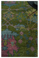 8x10 Green, Blue and Peach Hand Knotted Vibrant Donegal Floral Wool Rug