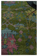 8x10 Green, Blue and Peach Hand Knotted Vibrant Donegal Floral Wool Rug
