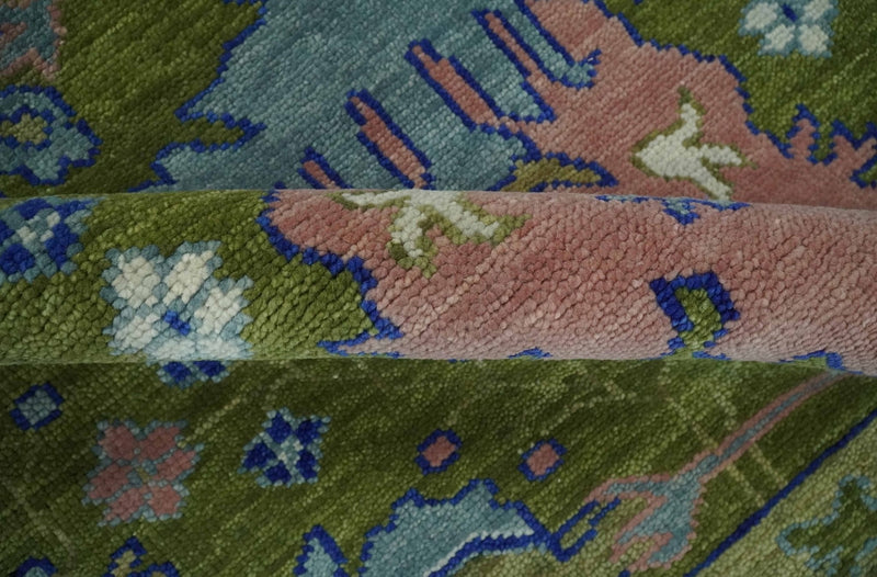 8x10 Green, Blue and Peach Hand Knotted Vibrant Donegal Floral Wool Rug