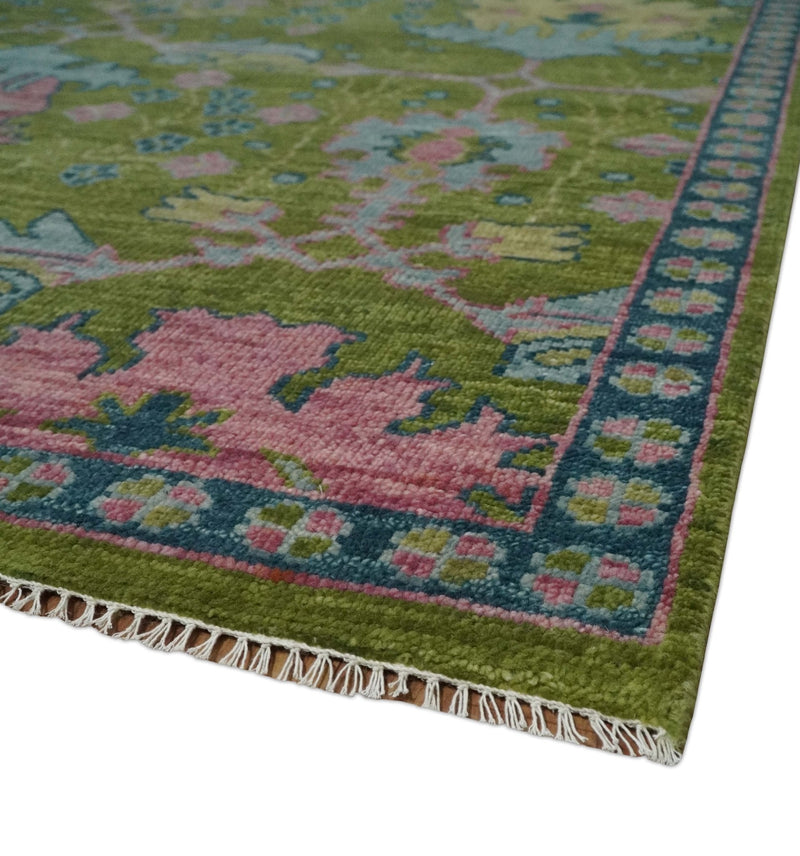 8x10 Green, Blue and Peach Hand Knotted Vibrant Donegal Floral Wool Rug