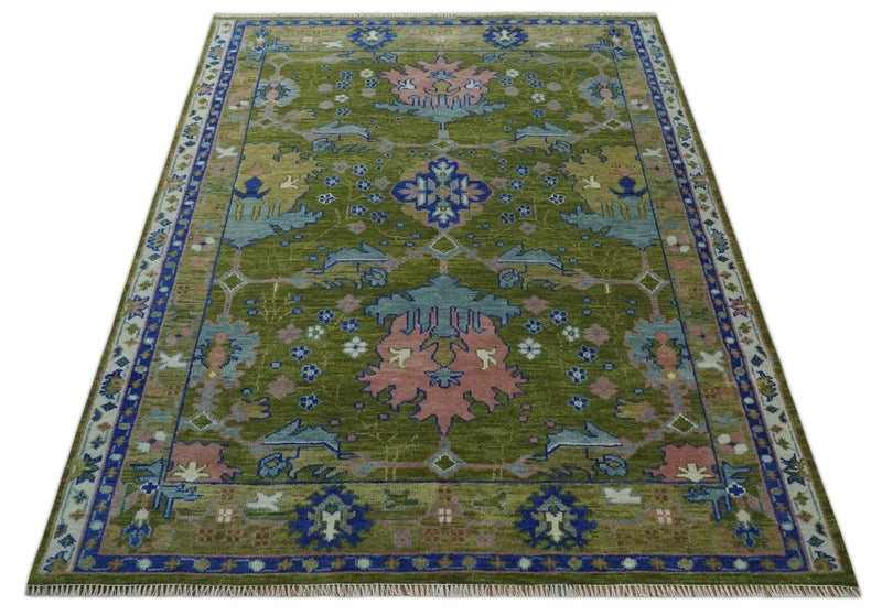 8x10 Green, Blue and Peach Hand Knotted Vibrant Donegal Floral Wool Rug