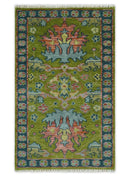 8x10 Green, Blue and Peach Hand Knotted Vibrant Donegal Floral Wool Rug