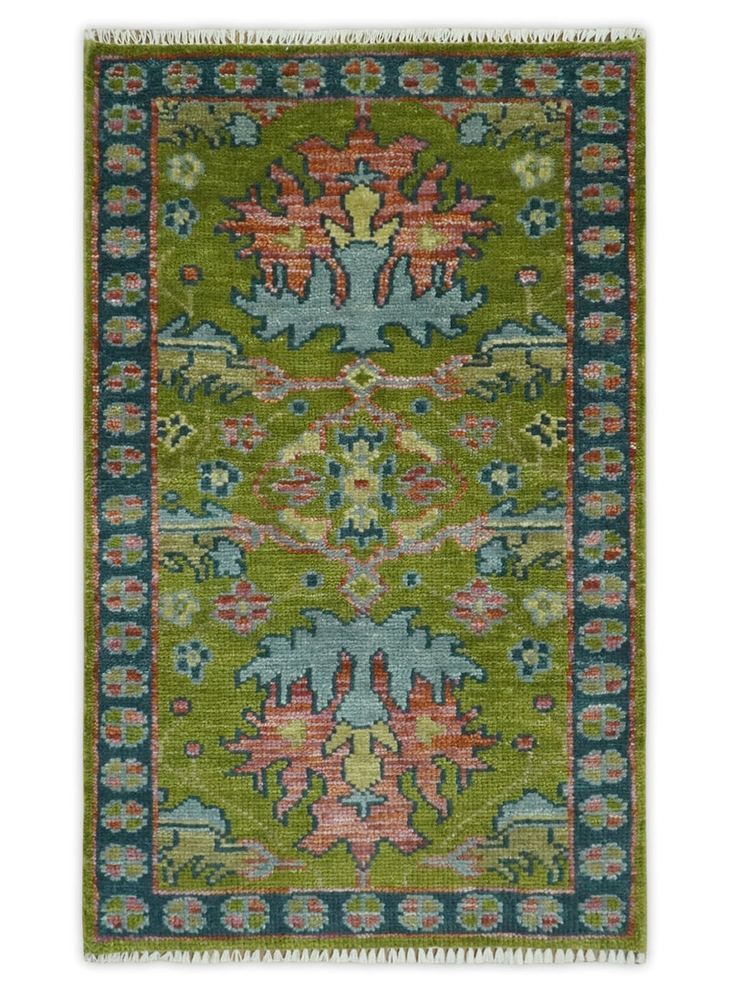 8x10 Green, Blue and Peach Hand Knotted Vibrant Donegal Floral Wool Rug
