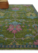 8x10 Green, Blue and Peach Hand Knotted Vibrant Donegal Floral Wool Rug