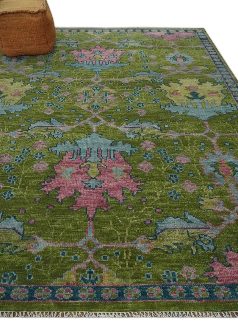 8x10 Green, Blue and Peach Hand Knotted Vibrant Donegal Floral Wool Rug