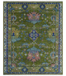 8x10 Green, Blue and Peach Hand Knotted Vibrant Donegal Floral Wool Rug