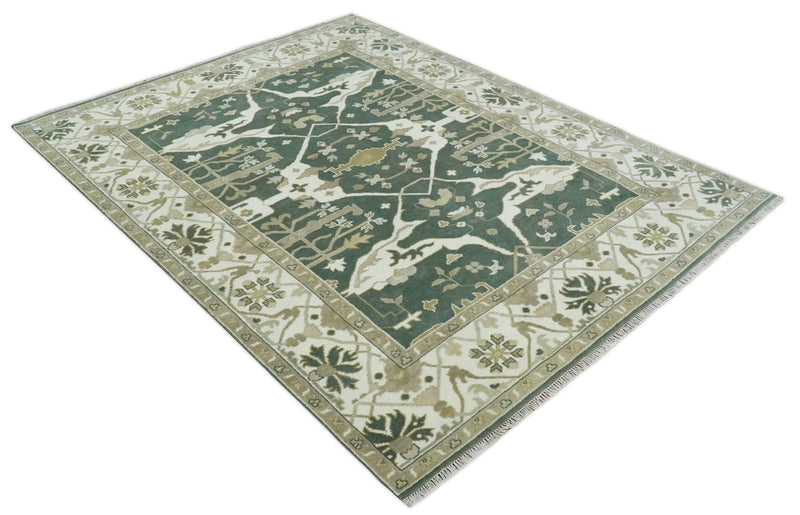 8x10 Green, Ivory and Olive Hand knotted Oriental Oushak wool Area Rug