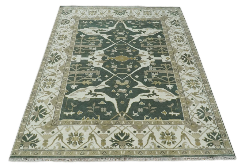 8x10 Green, Ivory and Olive Hand knotted Oriental Oushak wool Area Rug