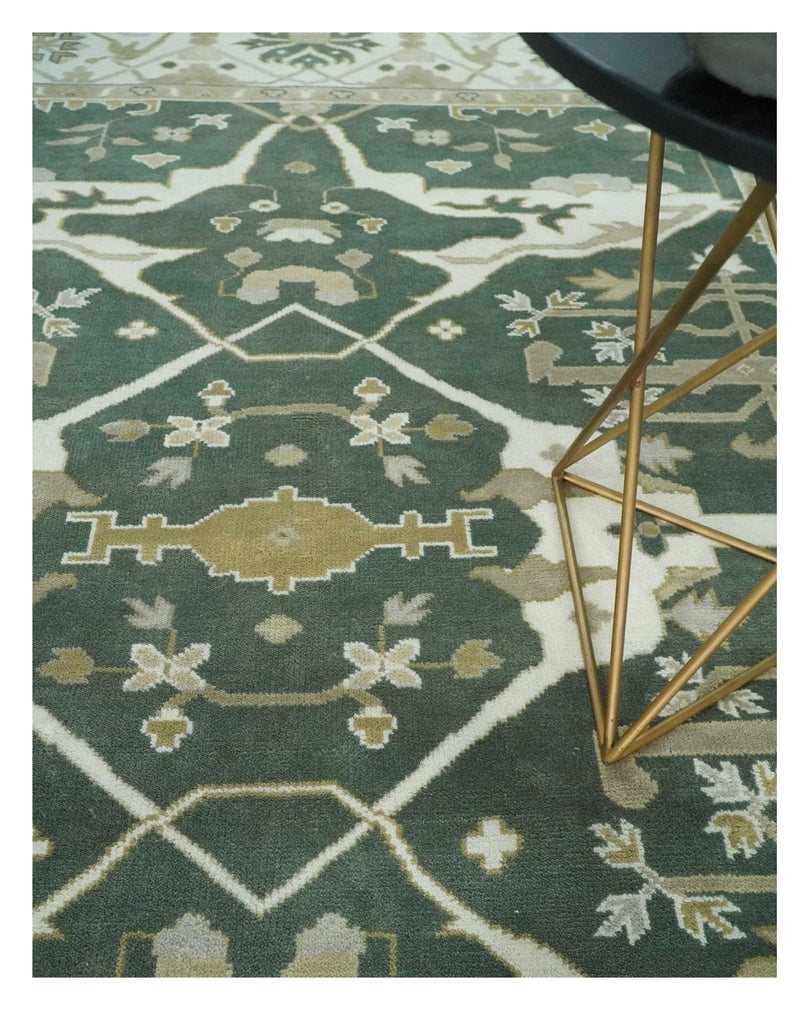 8x10 Green, Ivory and Olive Hand knotted Oriental Oushak wool Area Rug