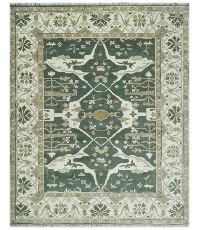 8x10 Green, Ivory and Olive Hand knotted Oriental Oushak wool Area Rug