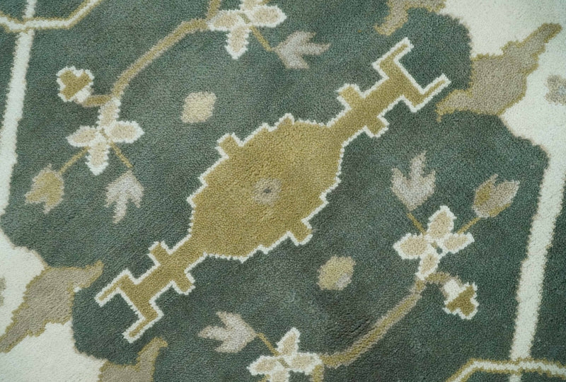 8x10 Green, Ivory and Olive Hand knotted Oriental Oushak wool Area Rug