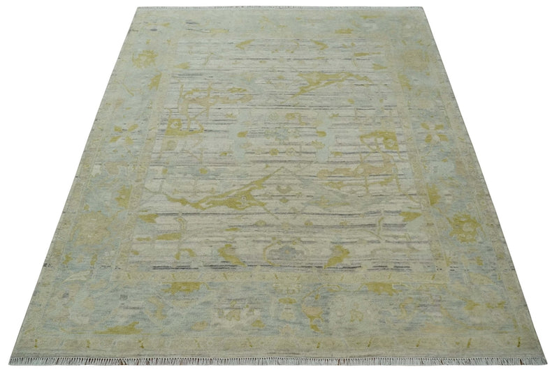 8x10 Hand Knotted Antique Ivory, Silver and Olive Traditional Wool Rug