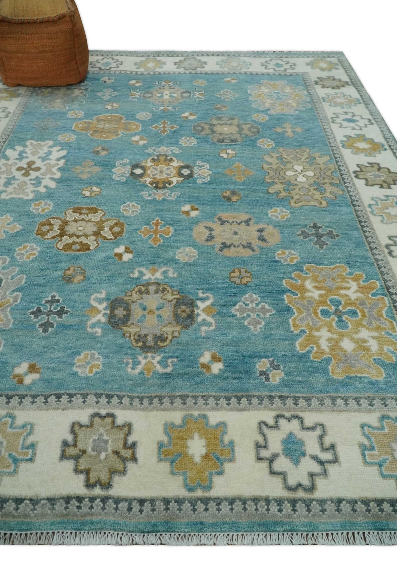 8x10 Hand Knotted Aqua and Ivory Traditional Oushak Wool Area Rug