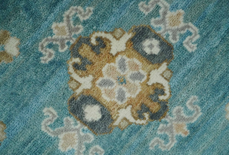 8x10 Hand Knotted Aqua and Ivory Traditional Oushak Wool Area Rug