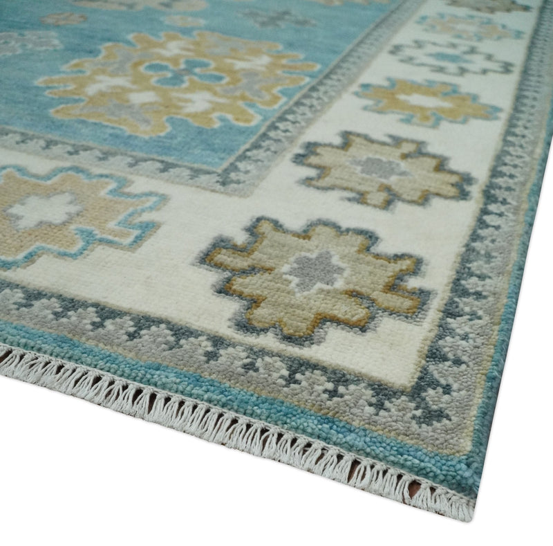 8x10 Hand Knotted Aqua and Ivory Traditional Oushak Wool Area Rug
