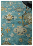 8x10 Hand Knotted Aqua and Ivory Traditional Oushak Wool Area Rug