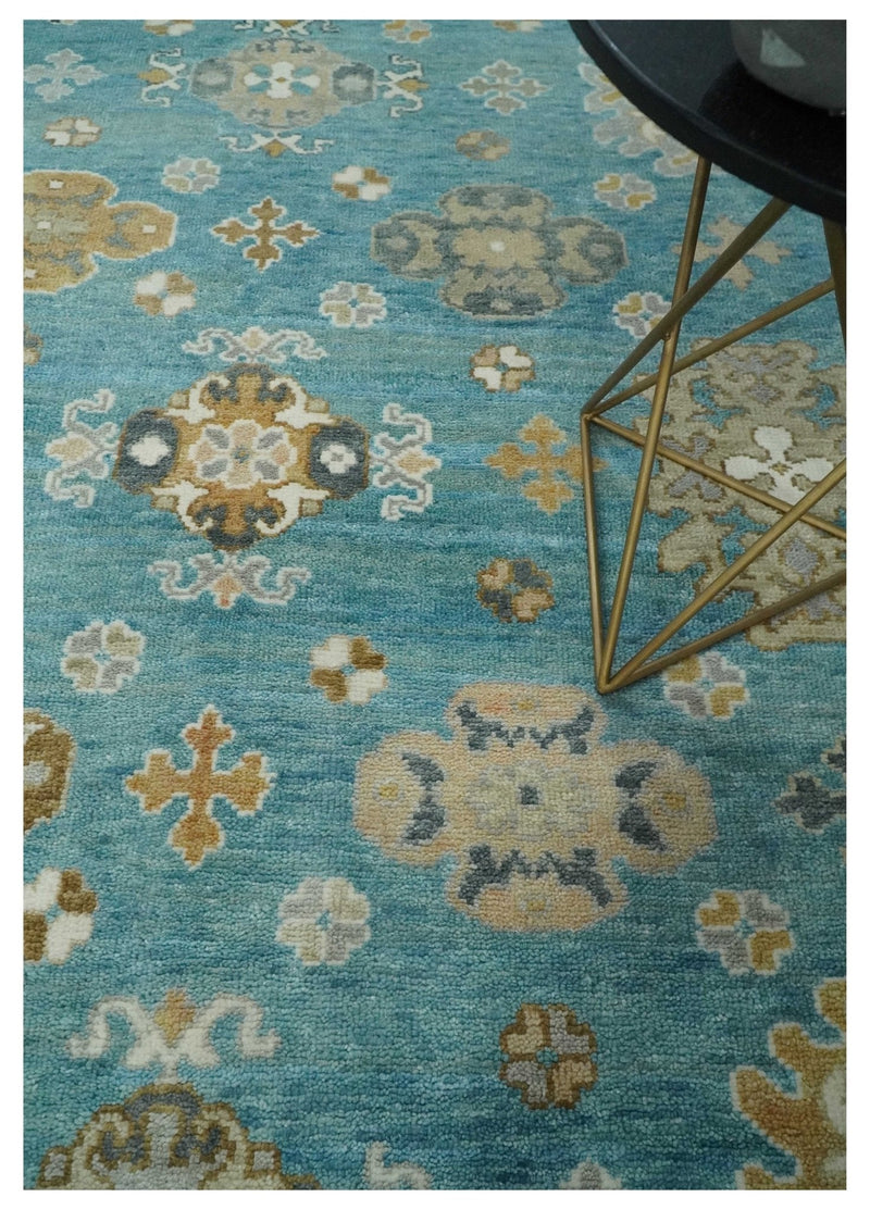 8x10 Hand Knotted Aqua and Ivory Traditional Oushak Wool Area Rug