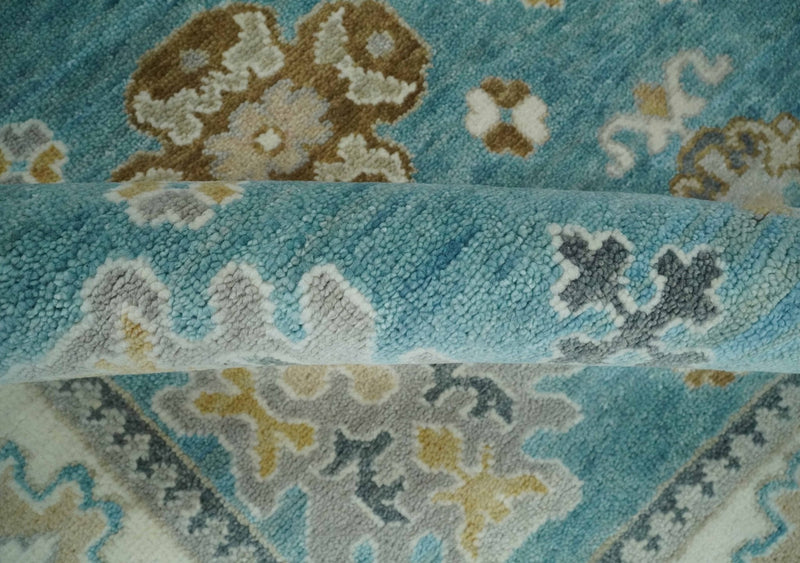 8x10 Hand Knotted Aqua and Ivory Traditional Oushak Wool Area Rug