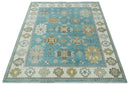 8x10 Hand Knotted Aqua and Ivory Traditional Oushak Wool Area Rug