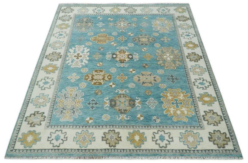 8x10 Hand Knotted Aqua and Ivory Traditional Oushak Wool Area Rug