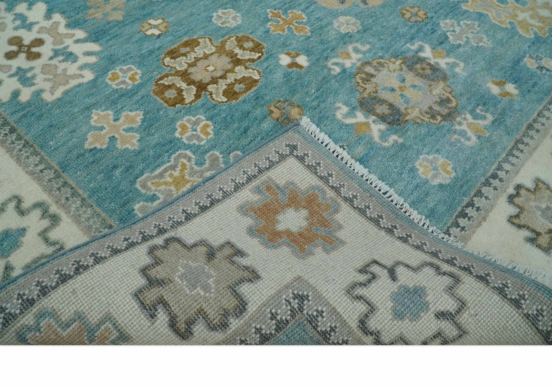8x10 Hand Knotted Aqua and Ivory Traditional Oushak Wool Area Rug