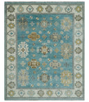 8x10 Hand Knotted Aqua and Ivory Traditional Oushak Wool Area Rug