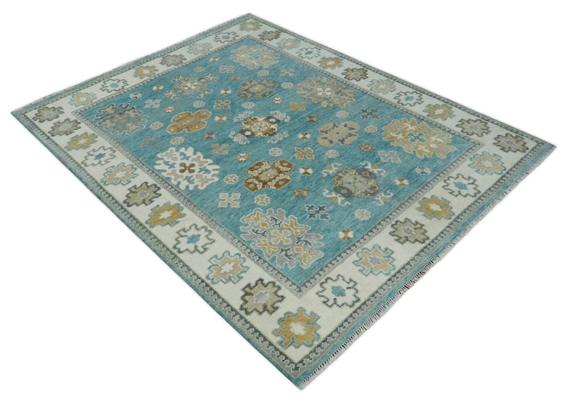 8x10 Hand Knotted Aqua and Ivory Traditional Oushak Wool Area Rug