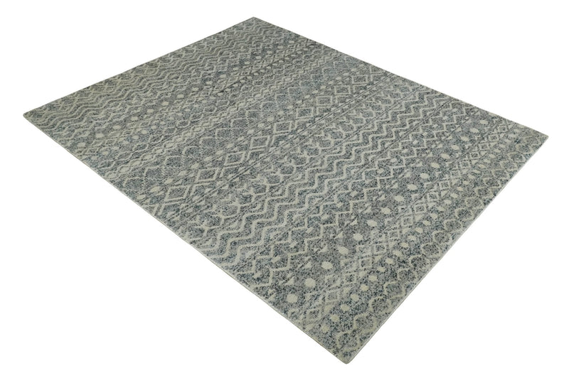 8x10 Hand Knotted Beige, Gray and Blue Modern Contemporary Southwestern Tribal Trellis Recycled Silk Area Rug | OP44