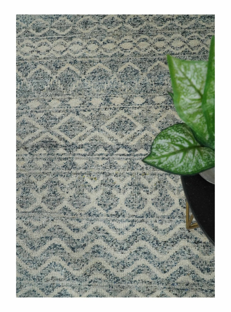 8x10 Hand Knotted Beige, Gray and Blue Modern Contemporary Southwestern Tribal Trellis Recycled Silk Area Rug | OP44