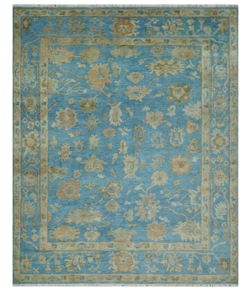 8x10 Hand knotted Blue and Beige Traditional Oushak Wool Area Rug