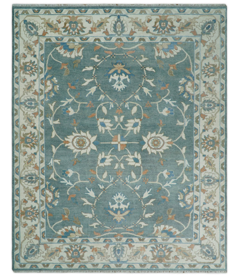 8x10 Hand Knotted Blue and Beige Traditional Vintage Turkish Oushak Antique Wool Rug | TRDCP756810