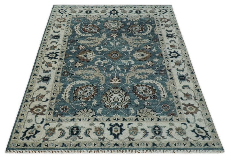 8x10 Hand Knotted Blue and Ivory Traditional Antique Style Wool Area Rug | TRDCP1600810S