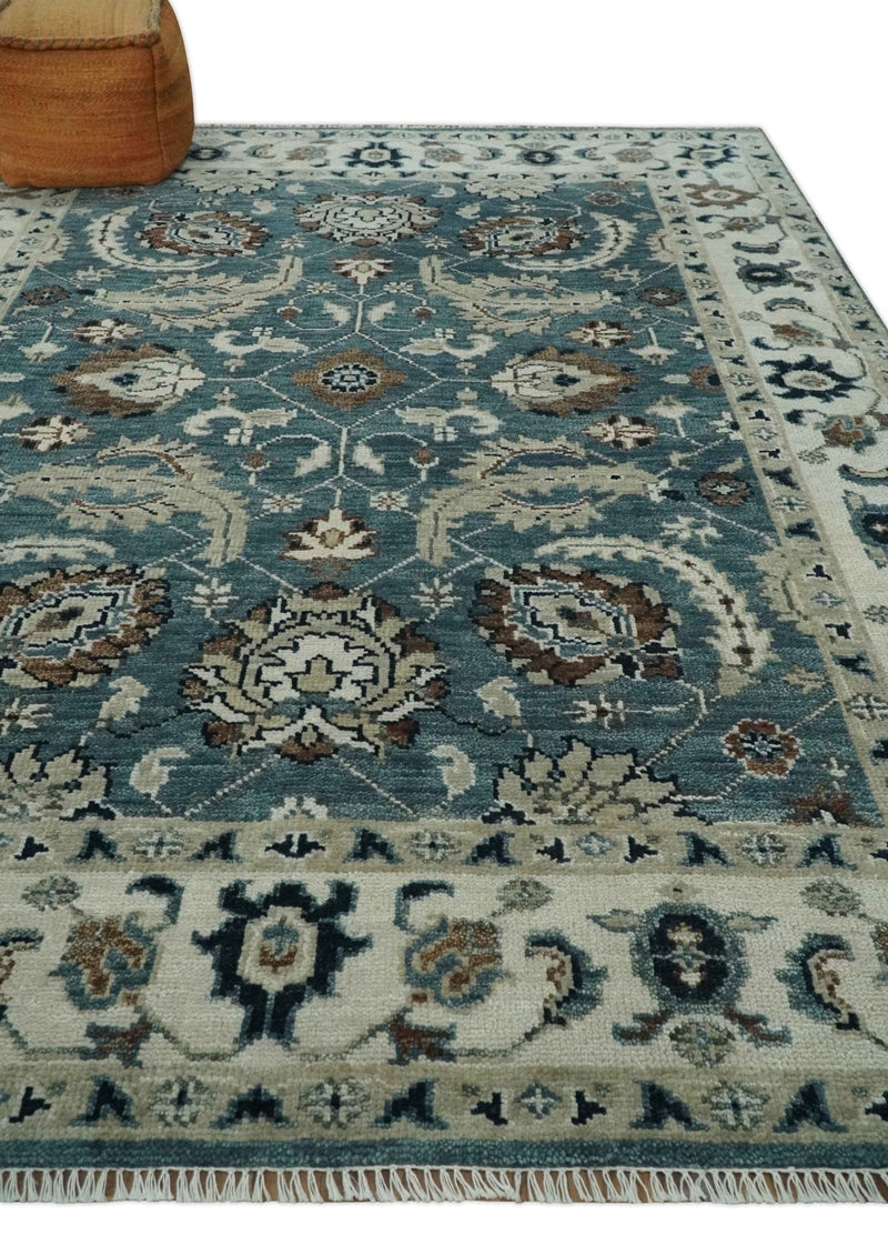 8x10 Hand Knotted Blue and Ivory Traditional Antique Style Wool Area Rug | TRDCP1600810S