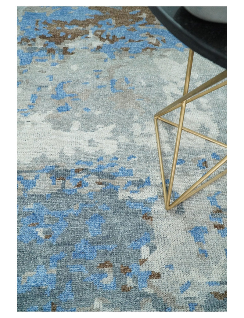 8x10 Hand Knotted Blue and Silver Modern Abstract Low Pile Contemporary Wool Rug | TRD2650