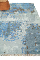 8x10 Hand Knotted Blue and Silver Modern Abstract Low Pile Contemporary Wool Rug | TRD2650