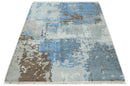 8x10 Hand Knotted Blue and Silver Modern Abstract Low Pile Contemporary Wool Rug | TRD2650