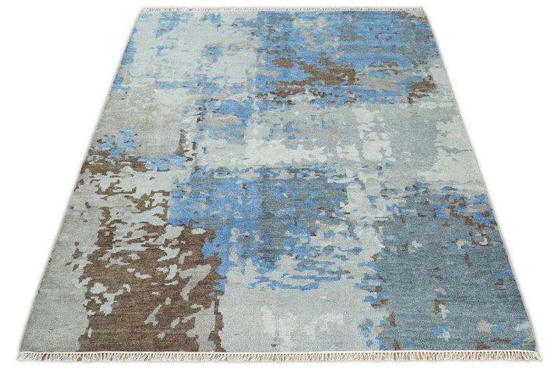 8x10 Hand Knotted Blue and Silver Modern Abstract Low Pile Contemporary Wool Rug | TRD2650