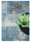 8x10 Hand Knotted Blue and Silver Modern Abstract Low Pile Contemporary Wool Rug | TRD2650