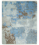 8x10 Hand Knotted Blue and Silver Modern Abstract Low Pile Contemporary Wool Rug | TRD2650