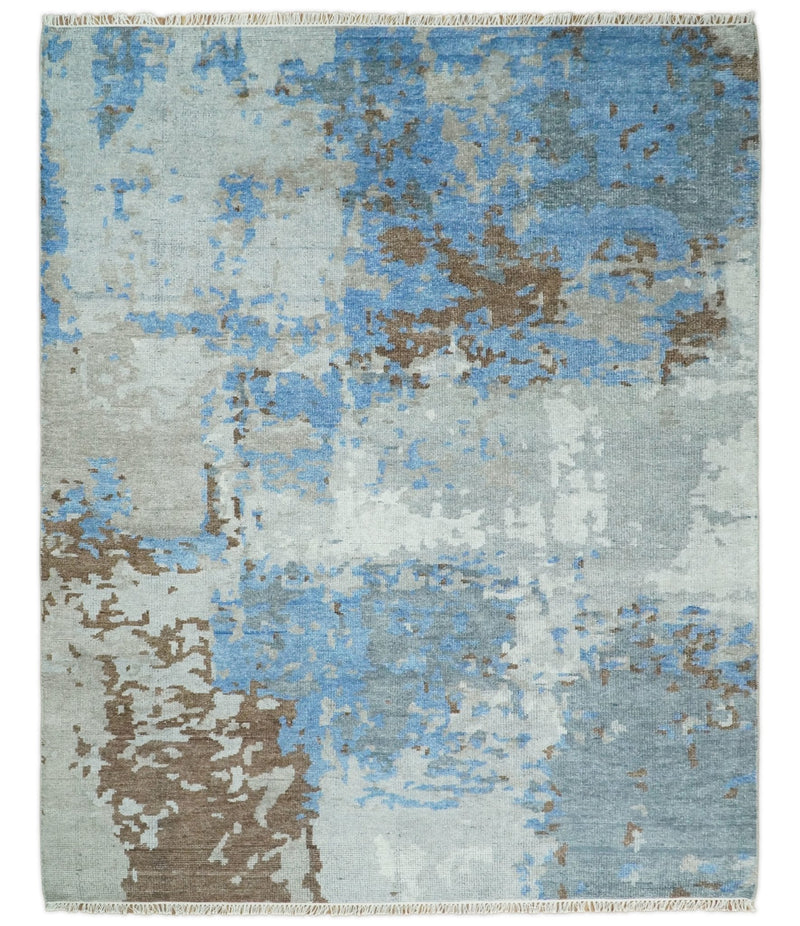 8x10 Hand Knotted Blue and Silver Modern Abstract Low Pile Contemporary Wool Rug | TRD2650