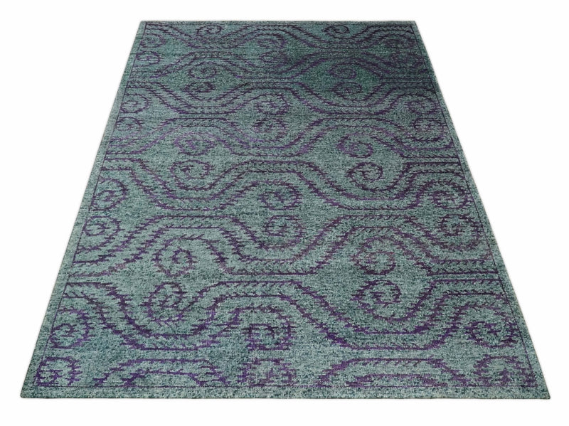 5x8 and 8x10 Hand Knotted  Blue, Gray and Purple Modern Contemporary Southwestern Tribal Trellis Recycled Silk Area Rug | OP32