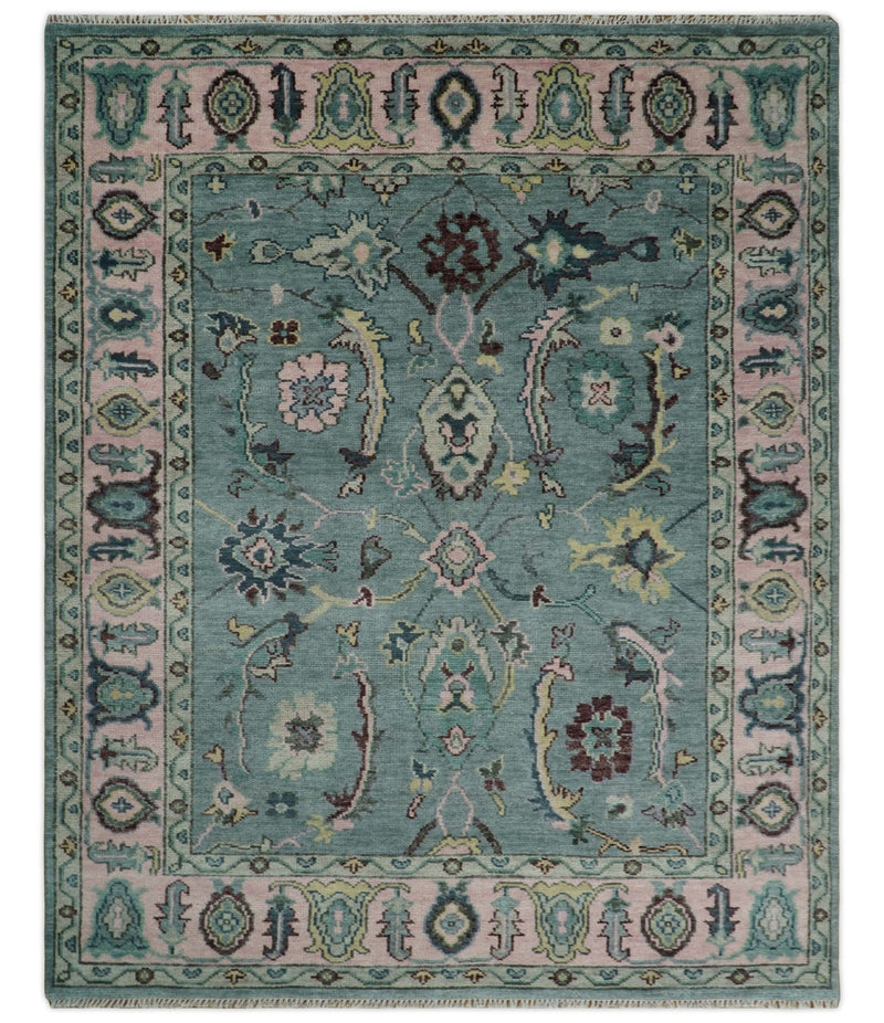 8x10 Hand Knotted Blue Green and Pink Traditional Persian Vintage Wool Rug | TRDCP771810